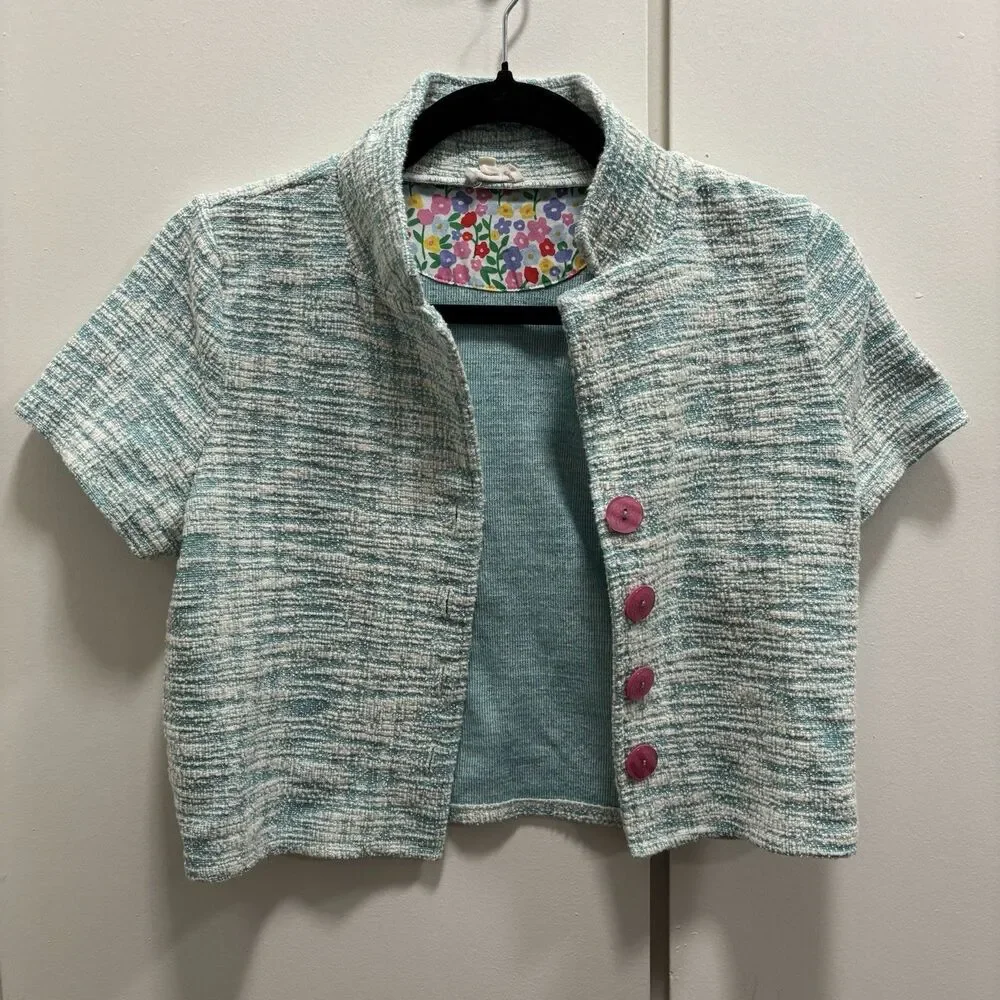 Finding Foxtale Girls Sz 12 Light Blue Twee Knit Jacket Pink Buttons Cropped